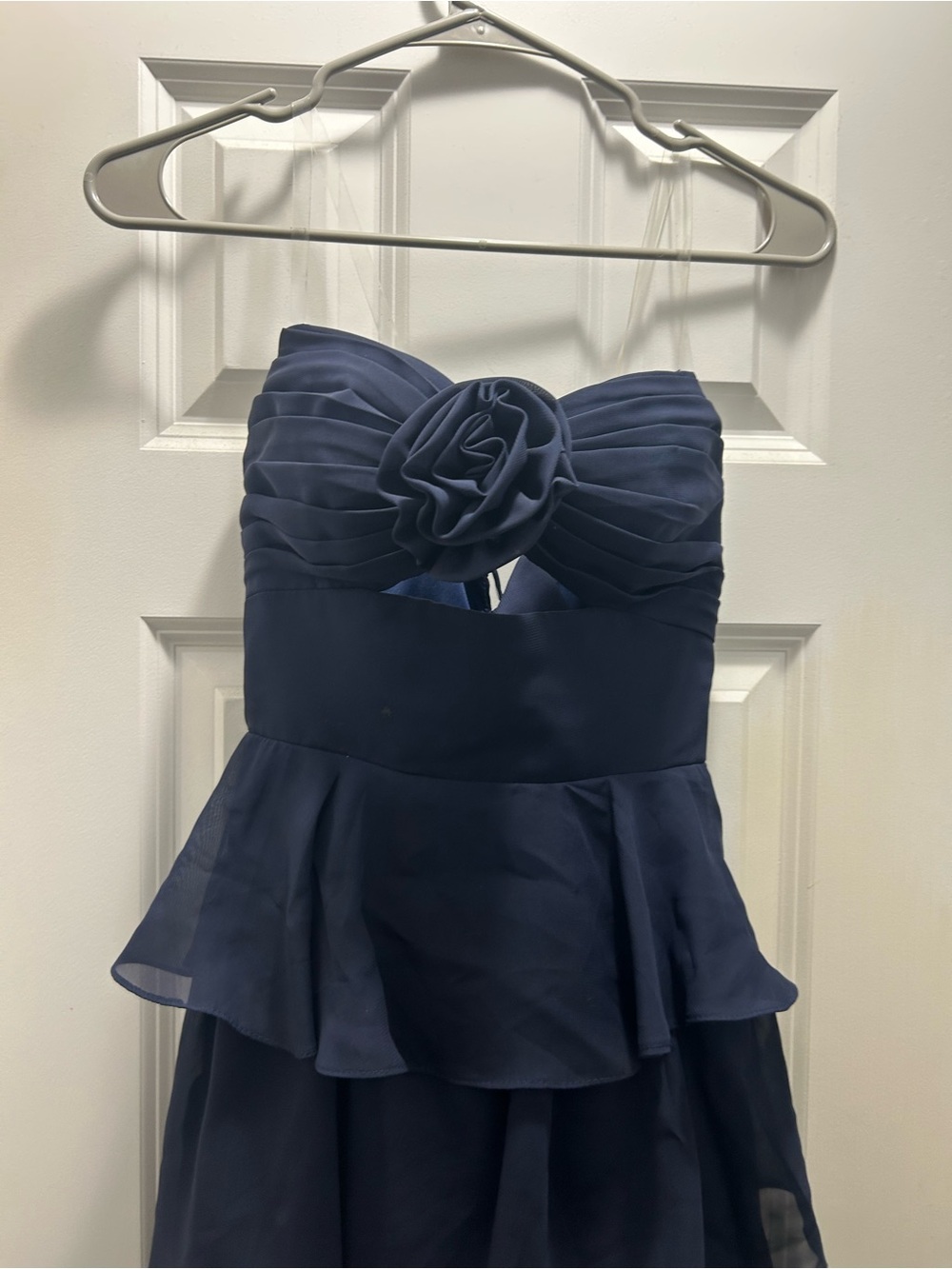 Strapless Navy Blue ruffle prom dress with corset back
